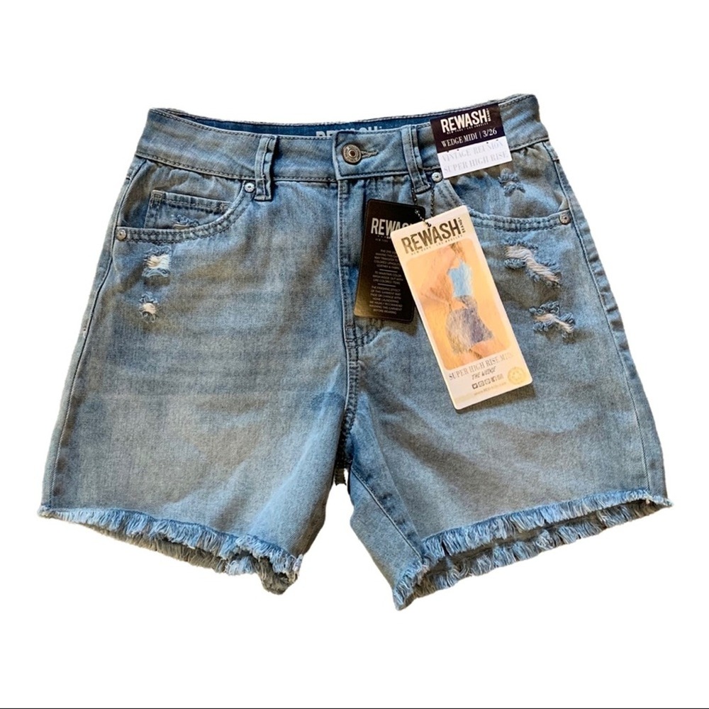 Rewash Wedge Midi Shorts Womens‎ 3/26 Blue New Distressed Super High Rise Denim